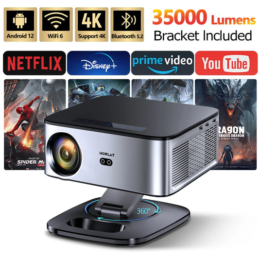 4K Smart Projector – 1600 ANSI, Android 12, WiFi 6, BT 5.2, Native 1080P