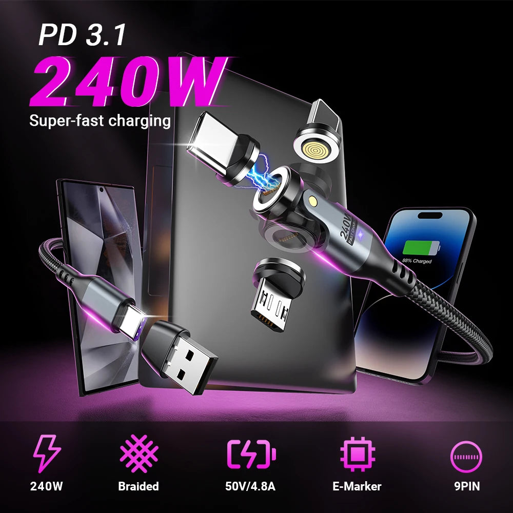240W PD Magnetic Charging Cable – 48V 5A USB-C for Laptops, Phones & Tablets