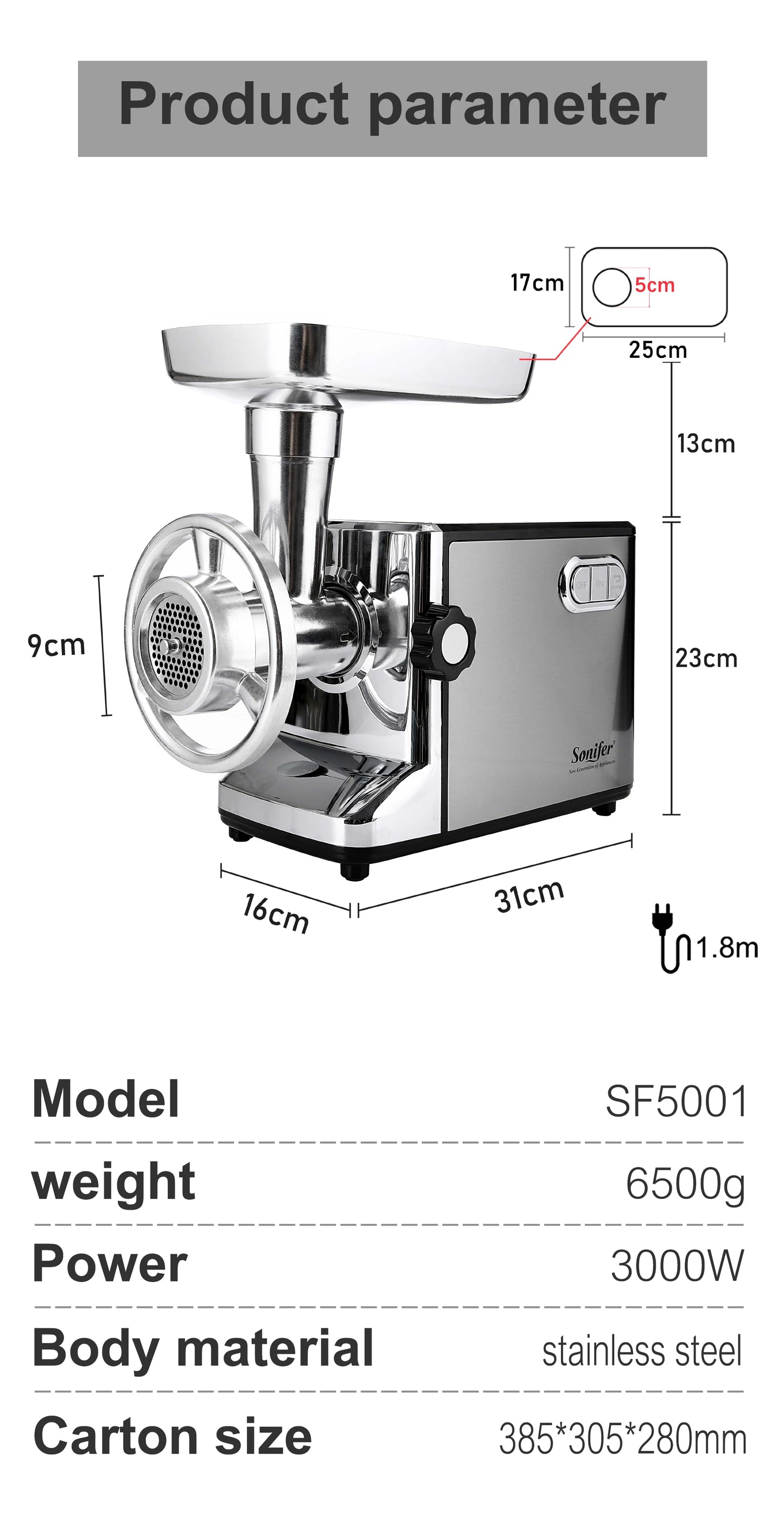 SONIFER Heavy Duty Meat Grinder – 3000W Max Power, Stainless Steel Mincer with Sausage Maker