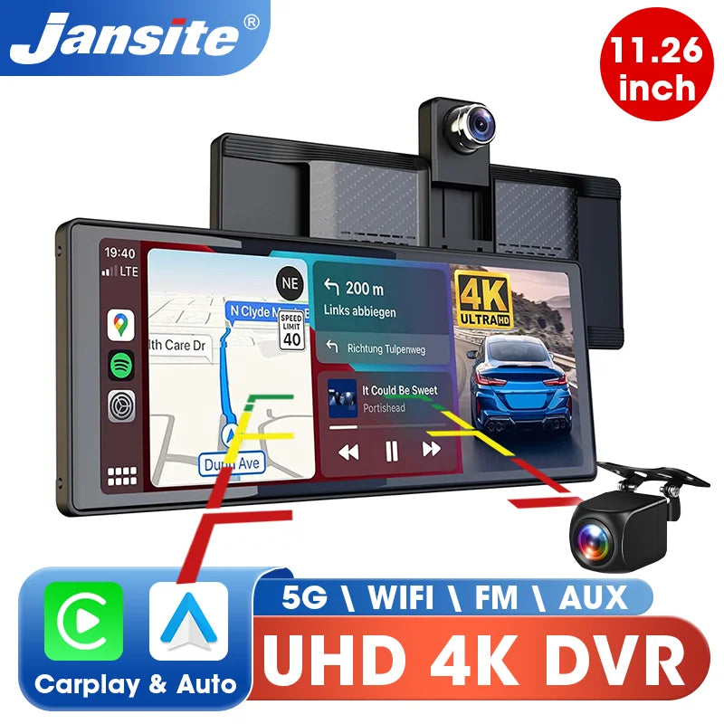 Jansite 10.26"/11.26" Wireless Apple CarPlay & Android Auto Screen with 4K Dash Cam Support
