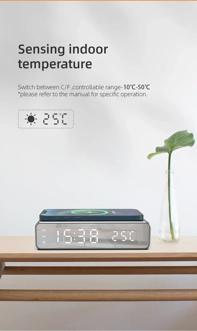 Opansten Wireless Charging Alarm Clock – 5W Qi Charger with Time, Temperature & LED Display