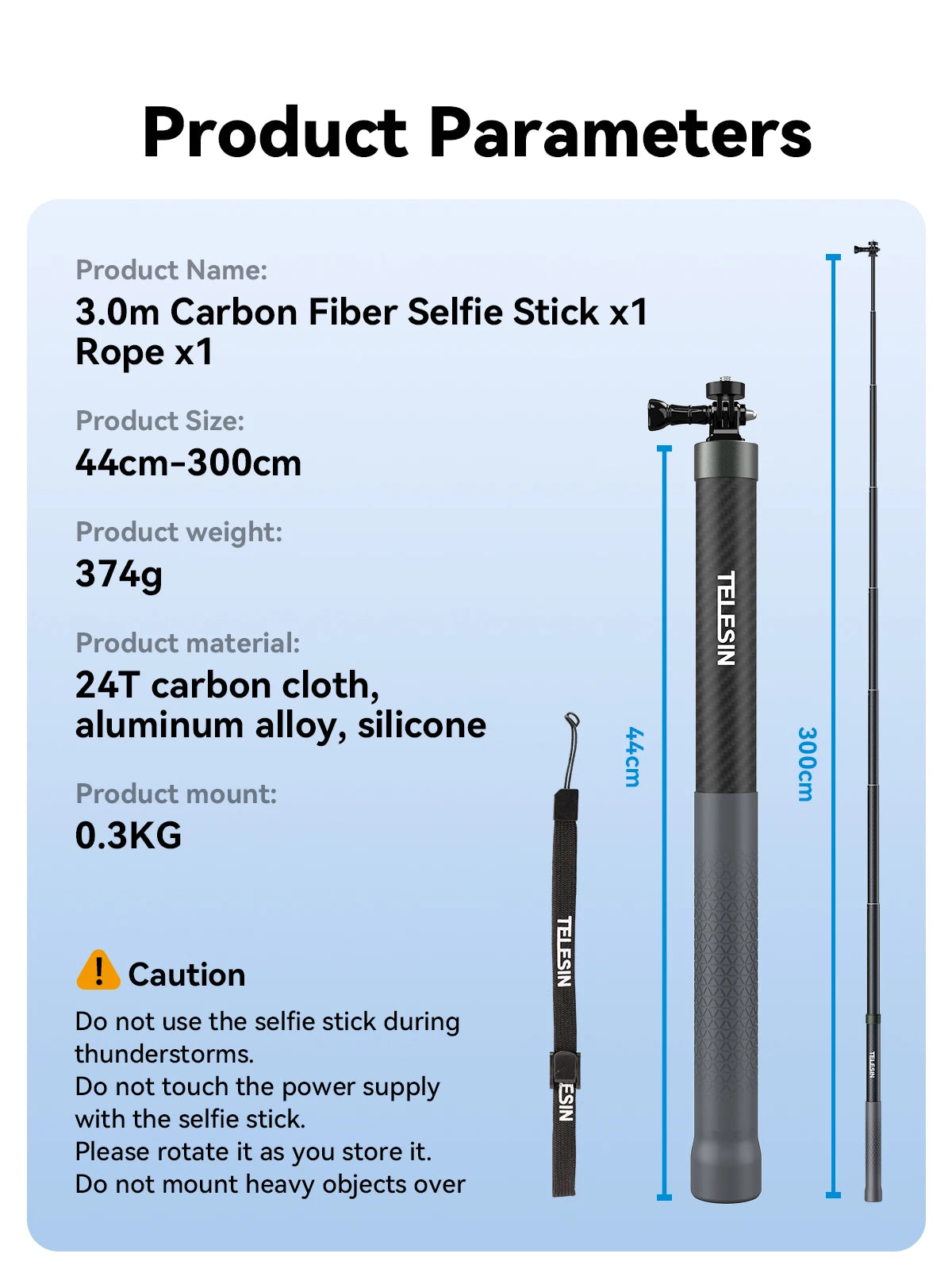Carbon Fiber Selfie Stick 3m – Lightweight Extendable Pole for GoPro & Action Cameras