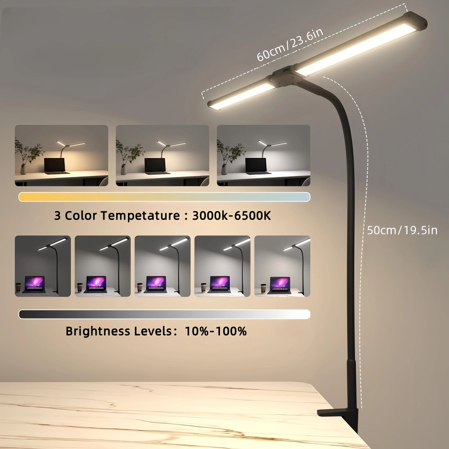 ALTCHIHYQ Double-Head LED Desk Lamp | 80cm Wide, Remote Control, 5-Level Dimming