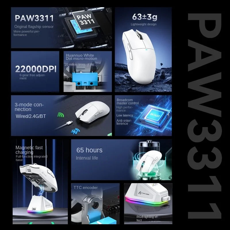 Attack Shark X11 Triple-Mode Wireless Gaming Mouse – PAW3395, 22,000 DPI, Magnetic Charging Dock