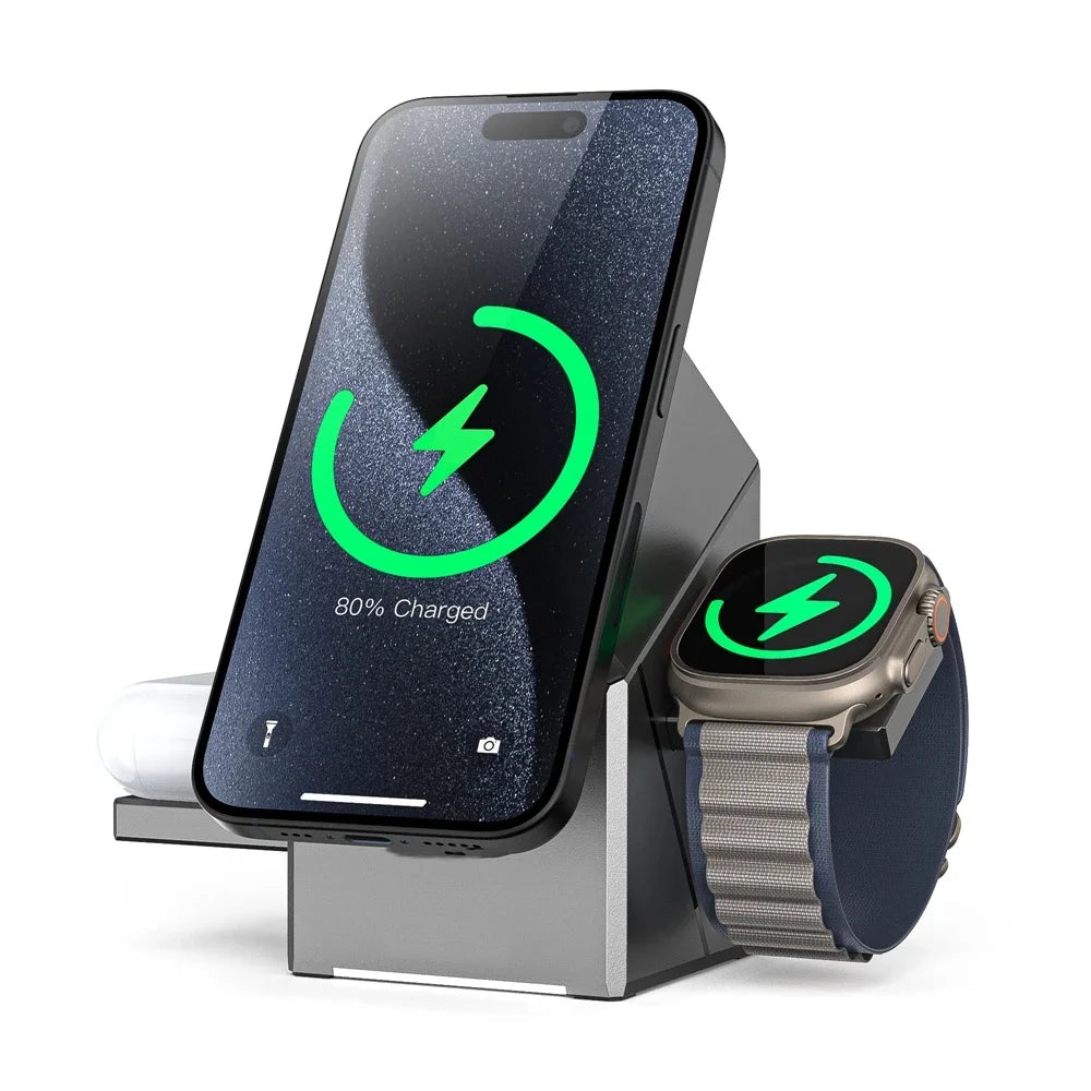 15W Qi2 Magnetic Wireless Charging Station for iPhone, Apple Watch & AirPods