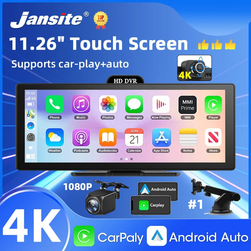 11.26″ 4K Dashboard Dash Cam – Wireless CarPlay & Android Auto, Dual Camera DVR with GPS