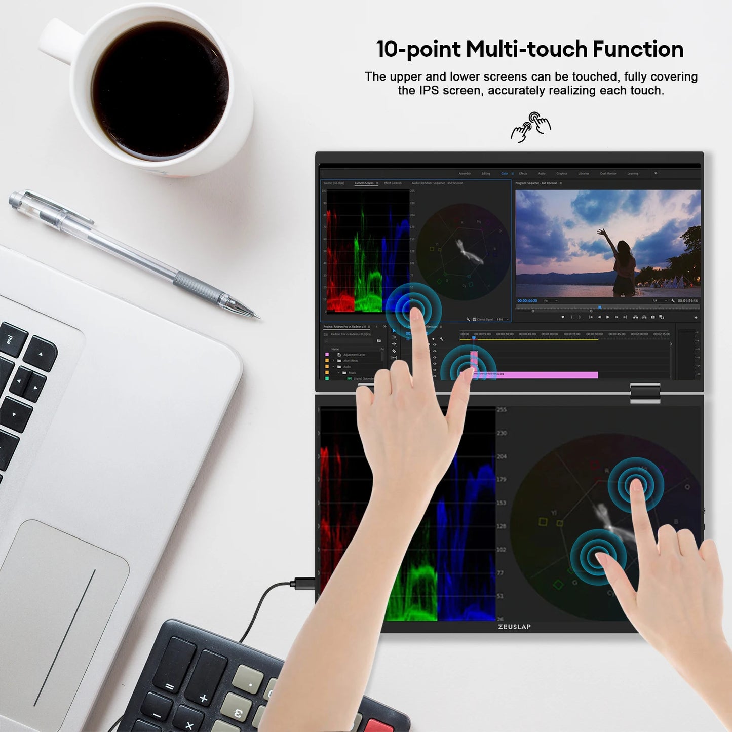ZEUSLAP Z15WT 15.6″ Dual Touch Portable Monitor | Foldable Laptop Screen Extender | FHD IPS HDR10 | Thunderbolt USB-C