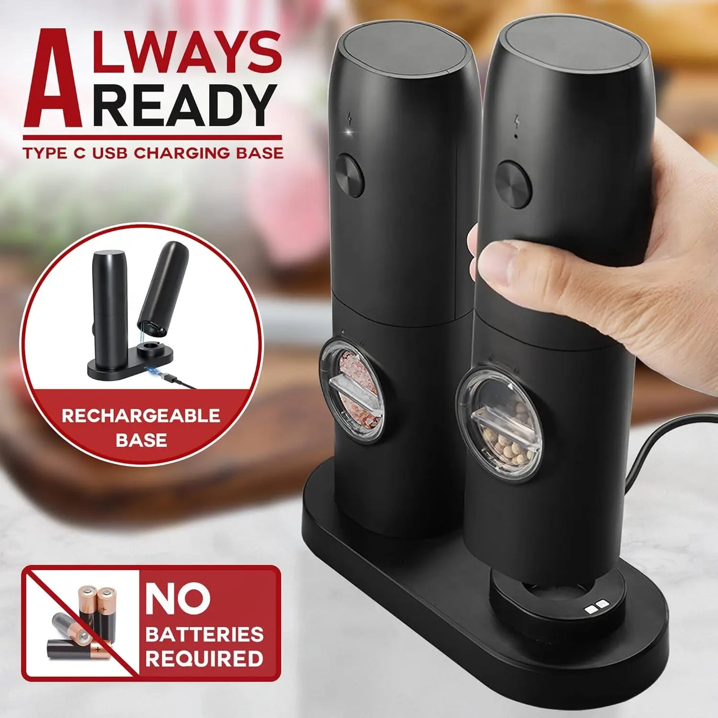 OEING Automatic Pepper Grinder Set – USB-C Rechargeable, 5-Level Coarseness, LED Light