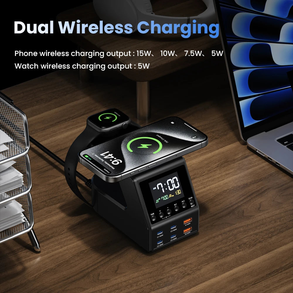 240W Smart GaN Charger Station – 6 USB Ports + Wireless & Alarm Clock