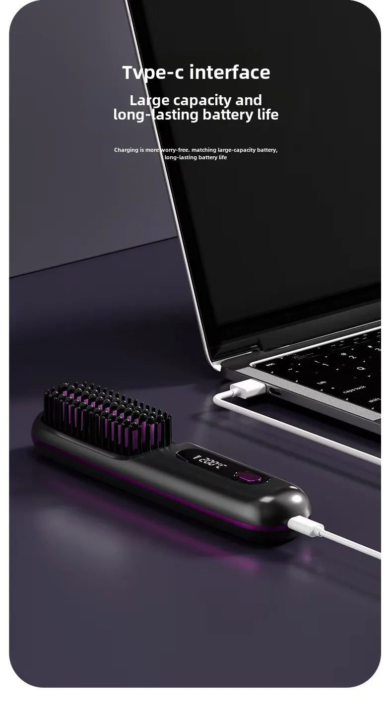Cordless LCD Hair Straightener Comb – USB Rechargeable, Portable Anti-Scald Styling Brush