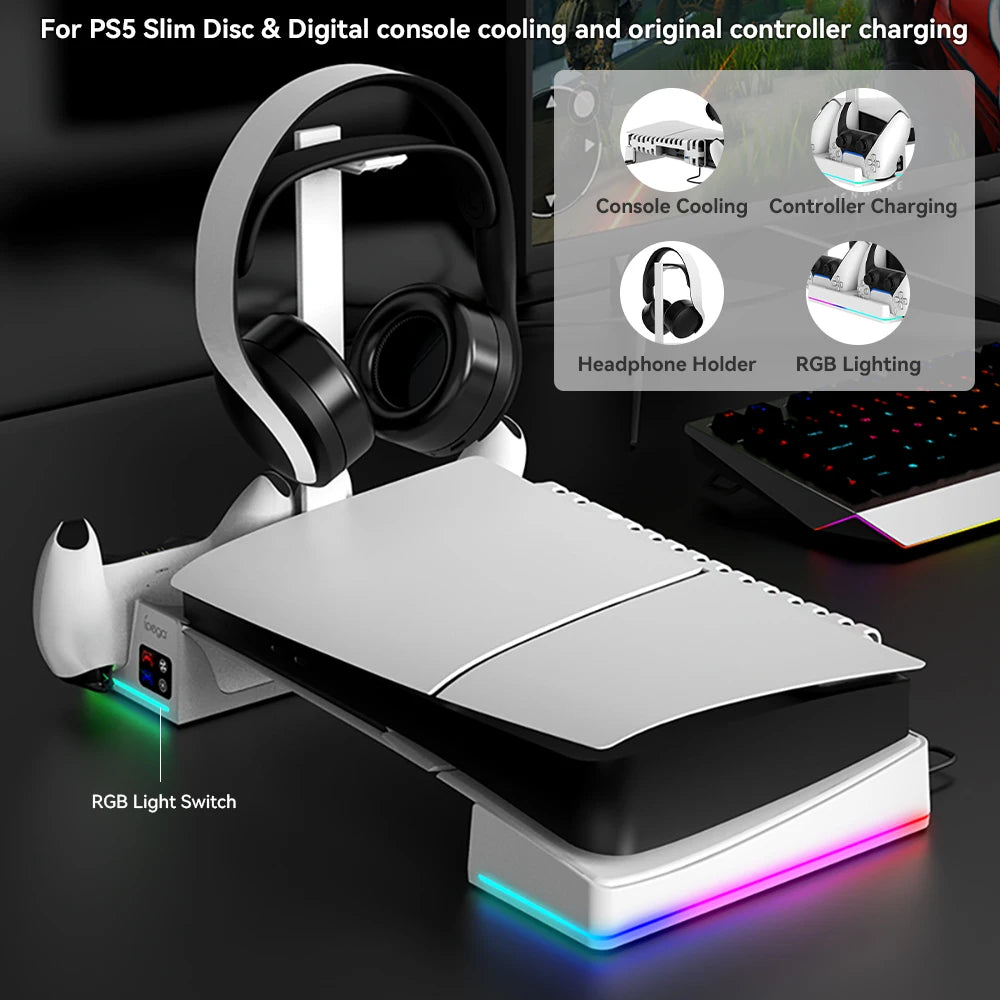 PS5 Slim Cooling Station – Dual Controller Charger, RGB Effects & Headset Holder