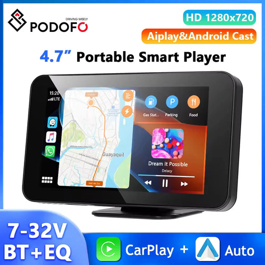 Podofo 4.7″ Smart Car Monitor – Wireless CarPlay & Android Auto Dashboard Screen with Bluetooth, FM & AUX