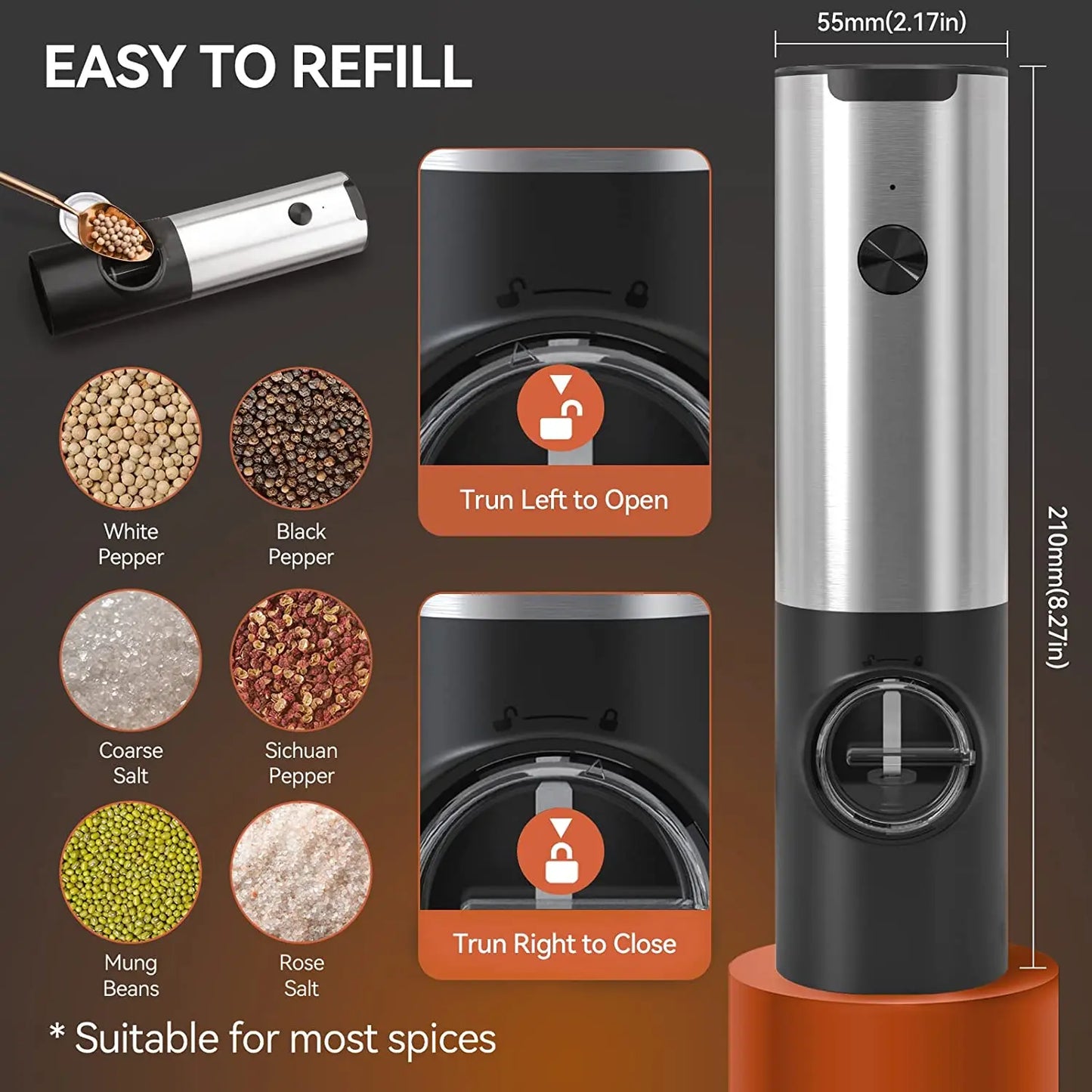 Automatic Salt & Pepper Grinder Set – Electric USB Rechargeable Spice Mills