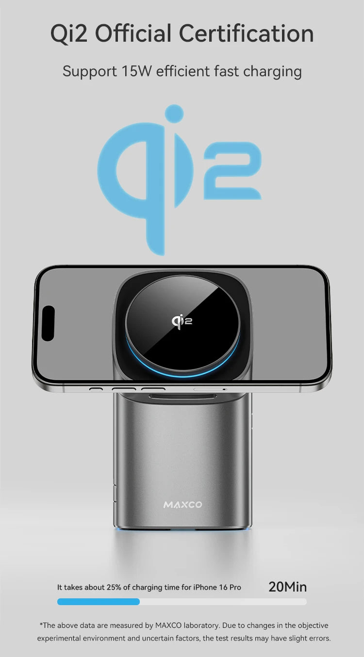 Maxco MW15 Qi2 Auto Rotate Magnetic Wireless Charging Stand – 3-in-1 Fast Charge