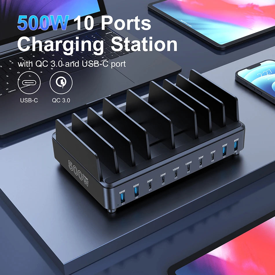 500W GaN Desktop Charging Station – 7 USB-C + 4 USB-A PD Fast Charger for Phones & Laptops