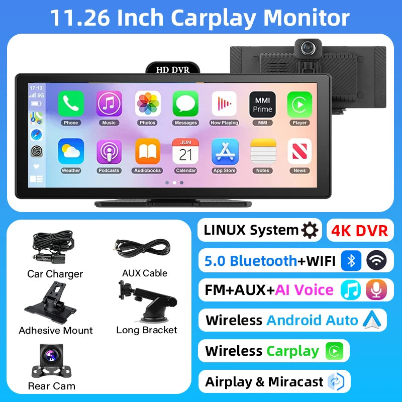 11.26″ 4K Dashboard Dash Cam – Wireless CarPlay & Android Auto, Dual Camera DVR with GPS