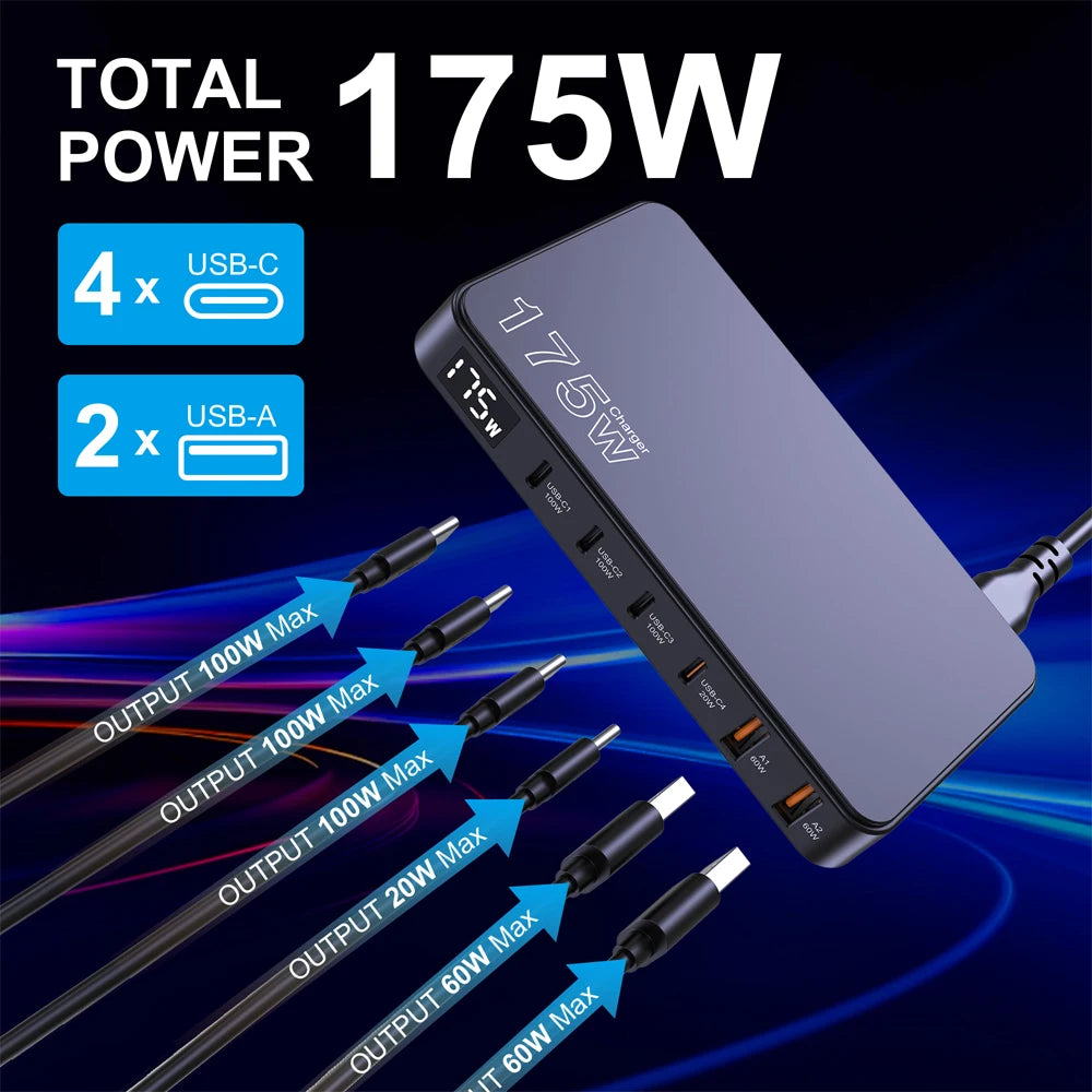 175W USB-C GaN Desktop Charger – LED Display, PD 100W, QC 60W Multi-Device