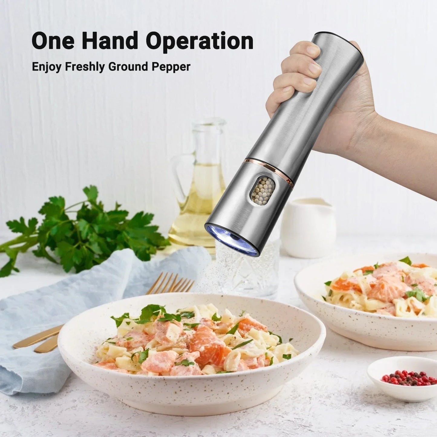 Electric Salt & Pepper Grinder – One-Touch Stainless Steel Spice Mill with Adjustable Coarseness