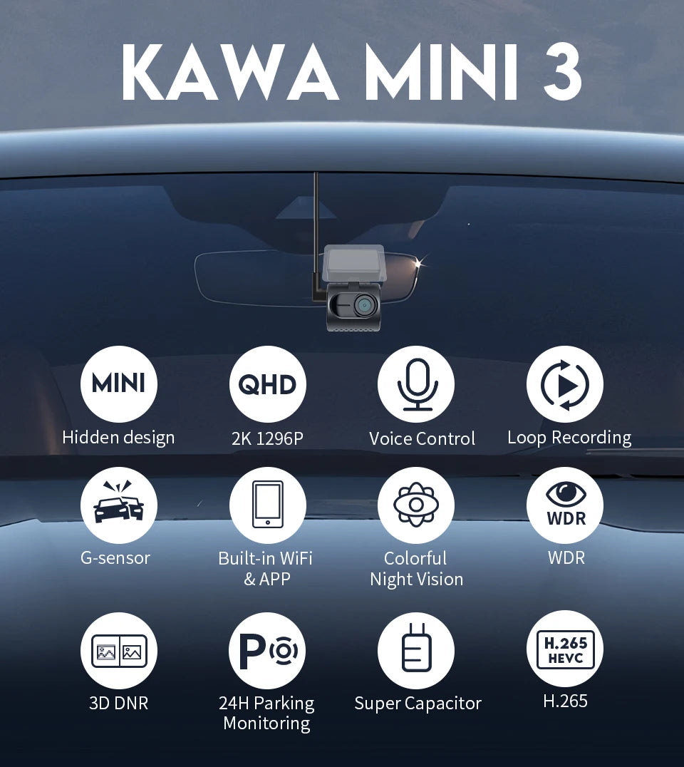 KAWA MINI 3 2K Dash Cam – Hidden WiFi Car DVR with Voice Control & 24H Parking Mode