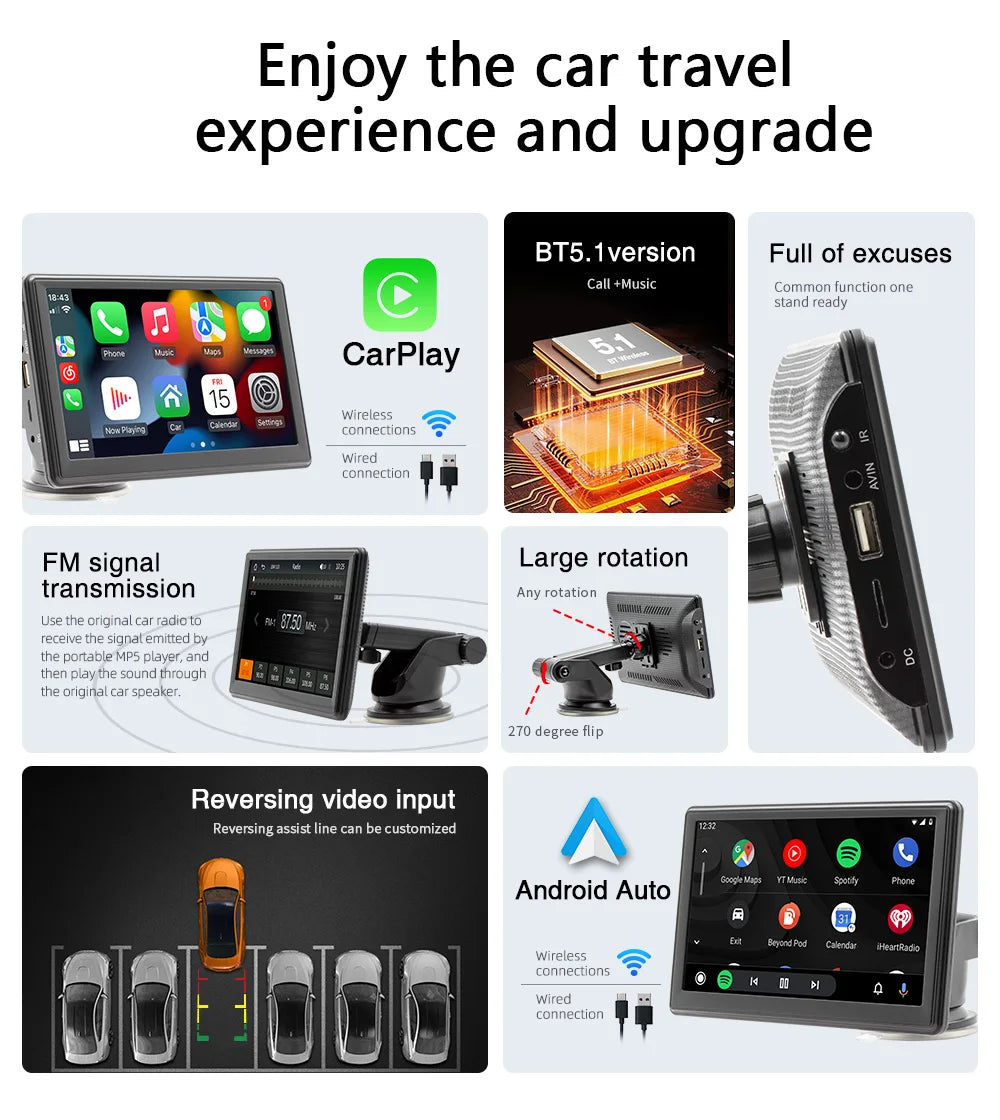BQCC 7” Portable Wireless CarPlay & Android Auto MP5 Car Playe