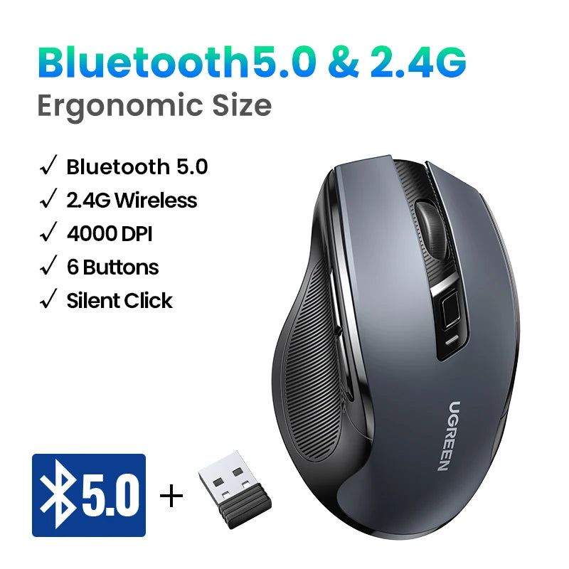 UGREEN MU006 Wireless Mouse – Bluetooth 5.0 & 2.4G, 4000 DPI, Silent Ergonomi