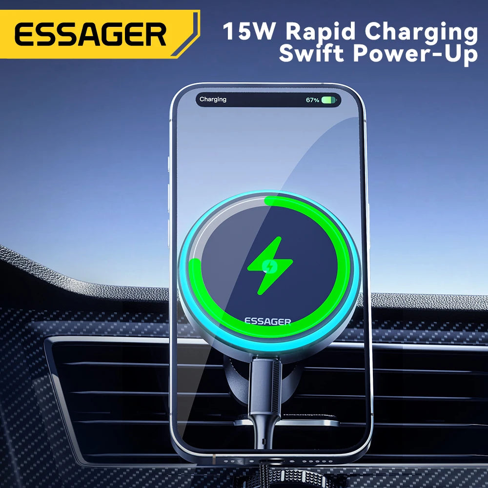 ESSAGER 15W Magnetic Wireless Car Charger with RGB Light – iPhone & Android