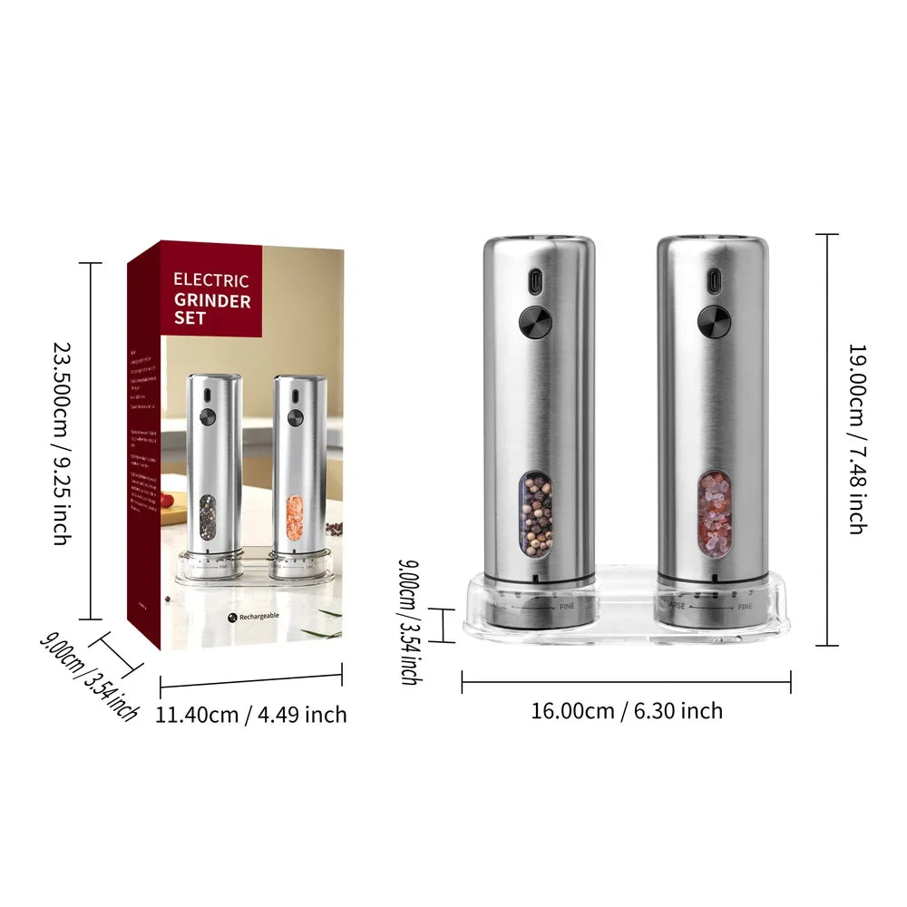 FLYMUYU Electric Salt & Pepper Grinder – Rechargeable Stainless Steel Spice Mill with Adjustable Coarseness & LED Light