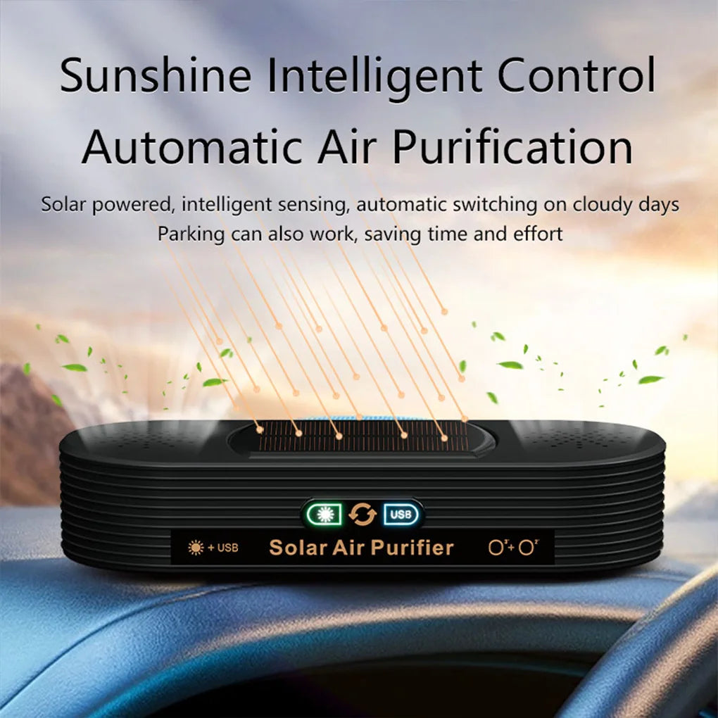 Solar USB Car Air Purifier – Dual-Mode Ion & Active Oxygen Ozone Cleaner with Auto Power Switch