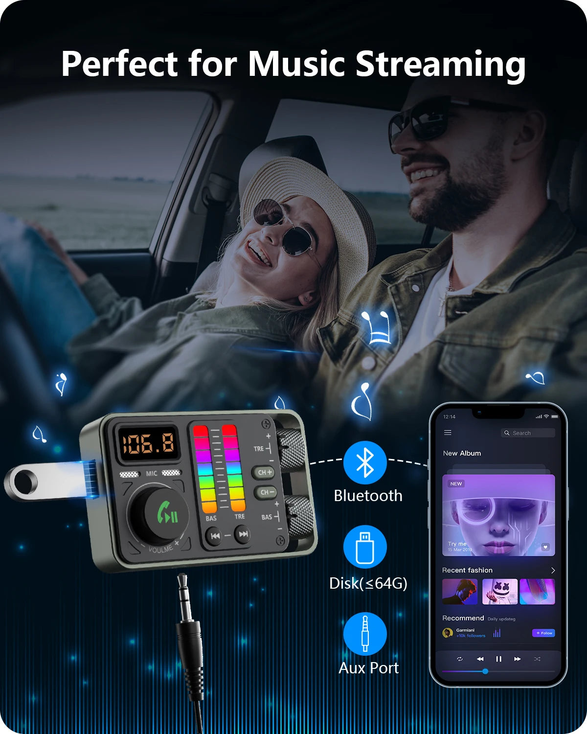 ENCENT MT03 Bluetooth FM Transmitter – PD 20W & QC3.0 43W Fast Car Charger, Dual Mic Hands-Free, Music Streaming