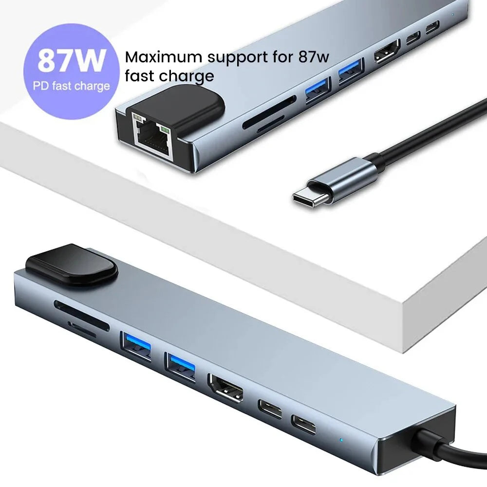 Type-C Hub 8-Port – 4K HDMI, LAN, USB 3.0, SD/TF, 100W PD Adapter