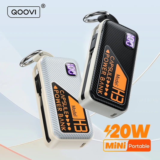 QOOVI Mini 5000mAh Power Bank 20W PD Fast Charge | Built-in USB-C Cable & Plug | Digital Display