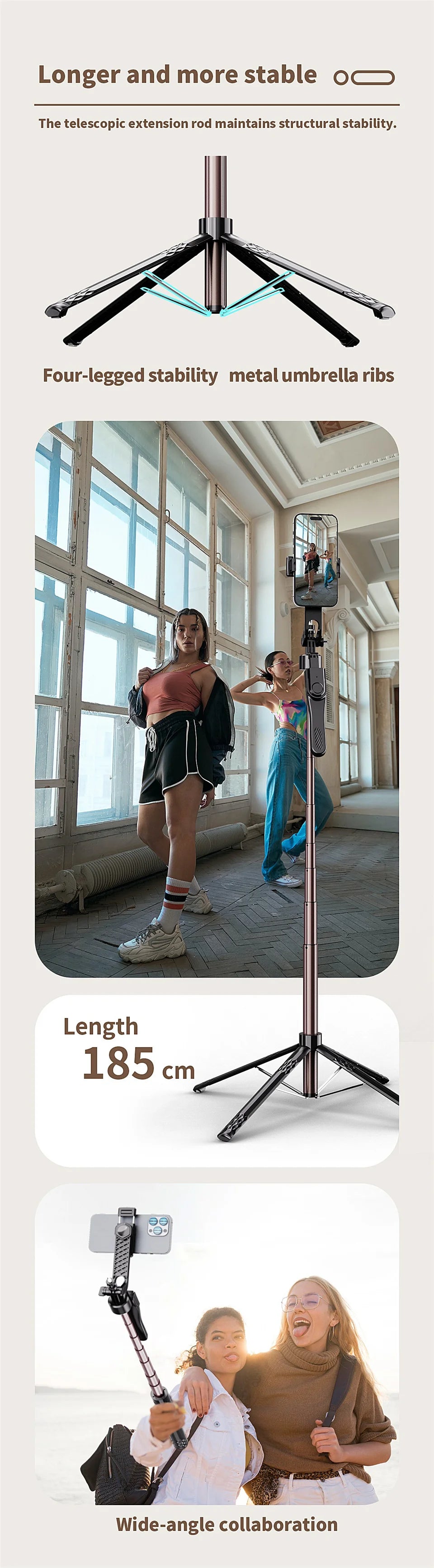 1.85m Bluetooth Selfie Stick with Tripod & Wireless Remote