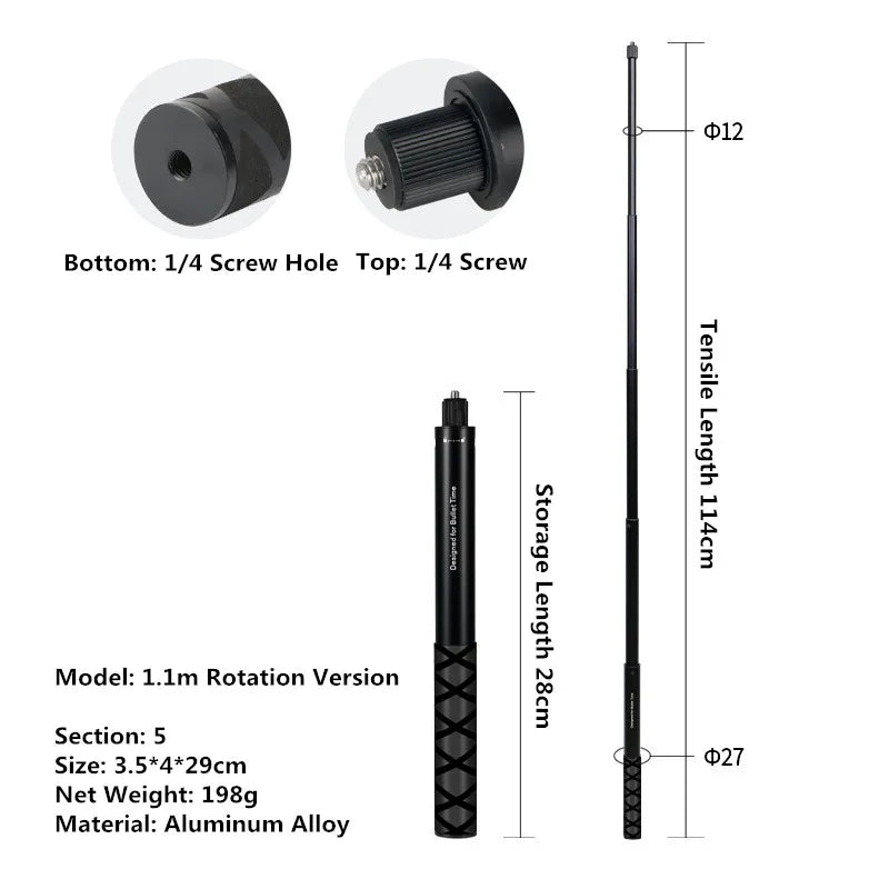 Aluminum Selfie Stick for Insta360, GoPro & DJI Action Cameras