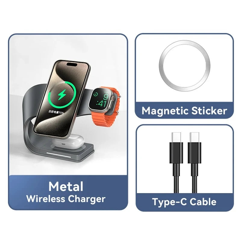 4-in-1 Magnetic Wireless Charger – Metal Fast Charging for iPhone, Watch & Earbuds