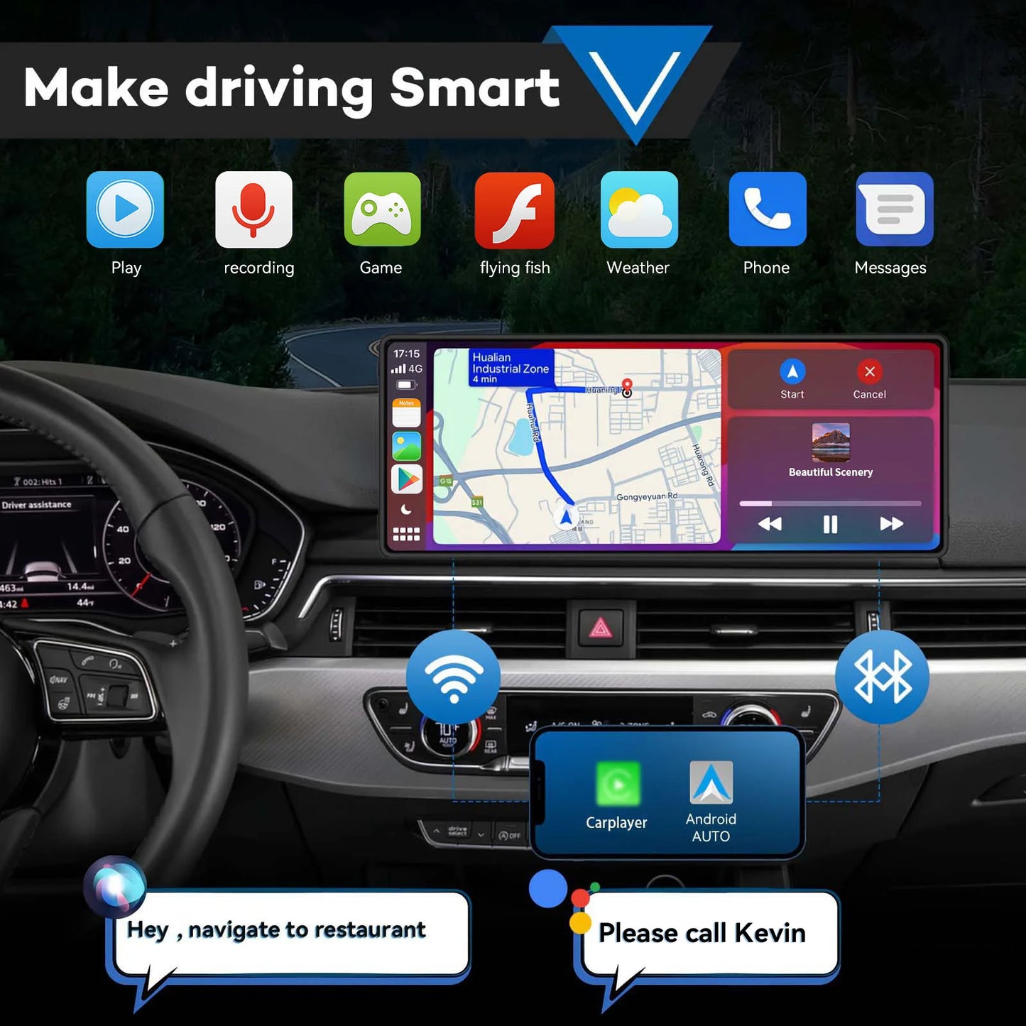 Pionray 10.26” Portable Wireless CarPlay & Android Auto Screen with Dual Camera Support