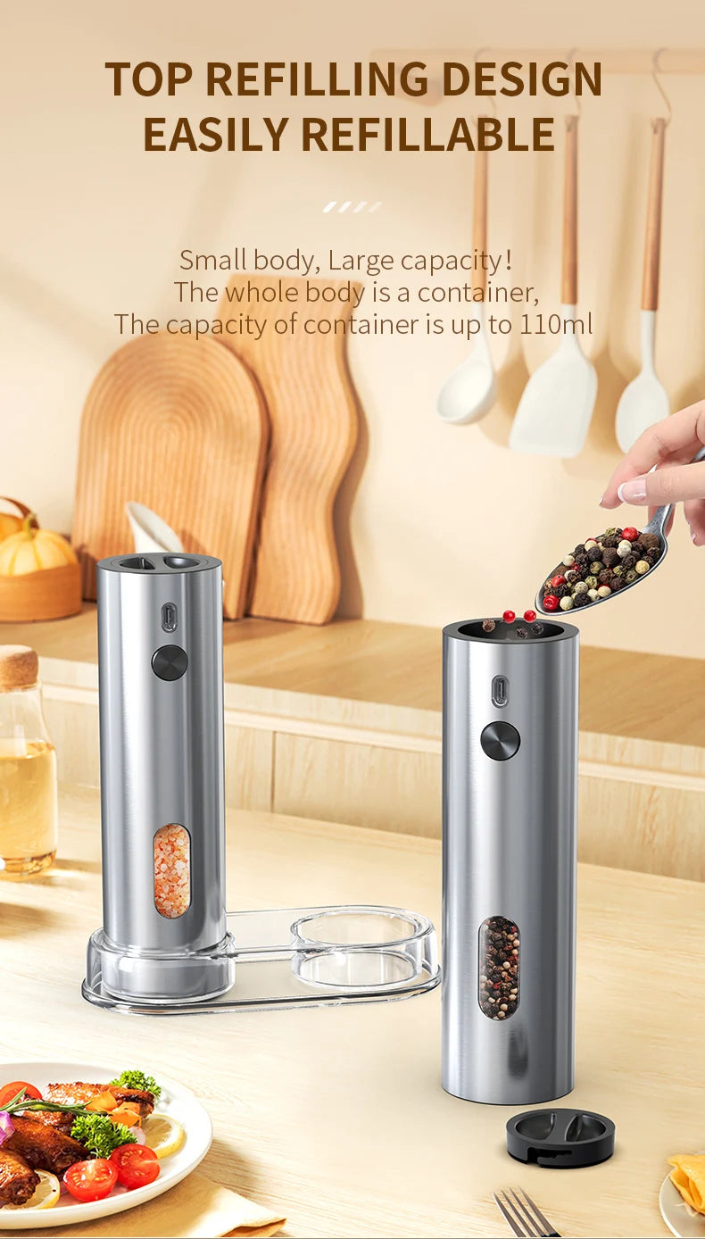 Electric Salt & Pepper Grinder Set – USB Rechargeable Stainless Steel Mills with 6-Level External Coarseness & LED Light (110ml)