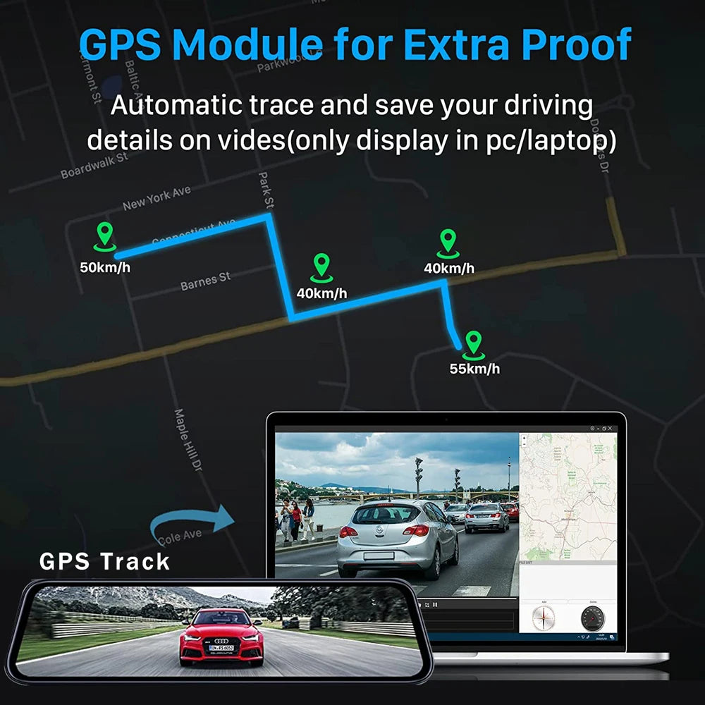 10″ 4K Rearview Mirror Dash Cam with WiFi & GPS – Front 4K + Rear 1080P Streaming DVR
