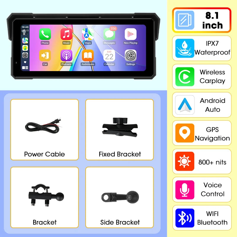 Jansite Portable Motorcycle CarPlay Screen – Dual Bluetooth, WiFi, IPX7 Waterproof