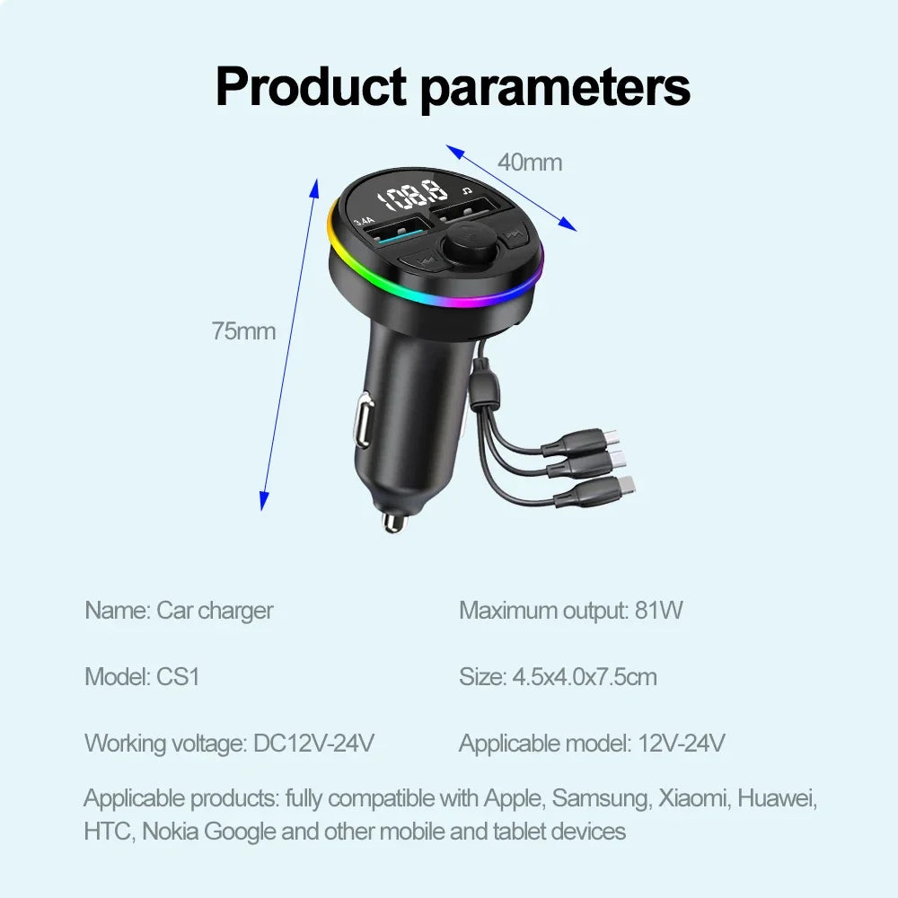 Car Bluetooth FM Transmitter with Dual USB Phone Charger – Hands-Free Music & Calls (12V, CE Certified)