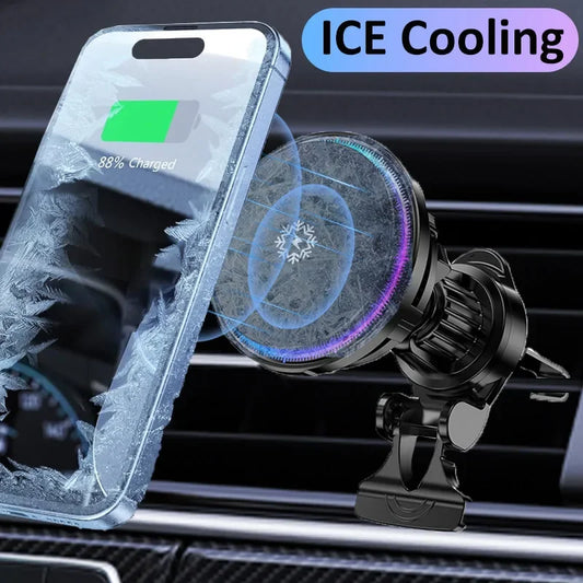 VIKEFON MagSafe Car Mount Charger 30W with Dual Cooling & LED Lights for iPhone