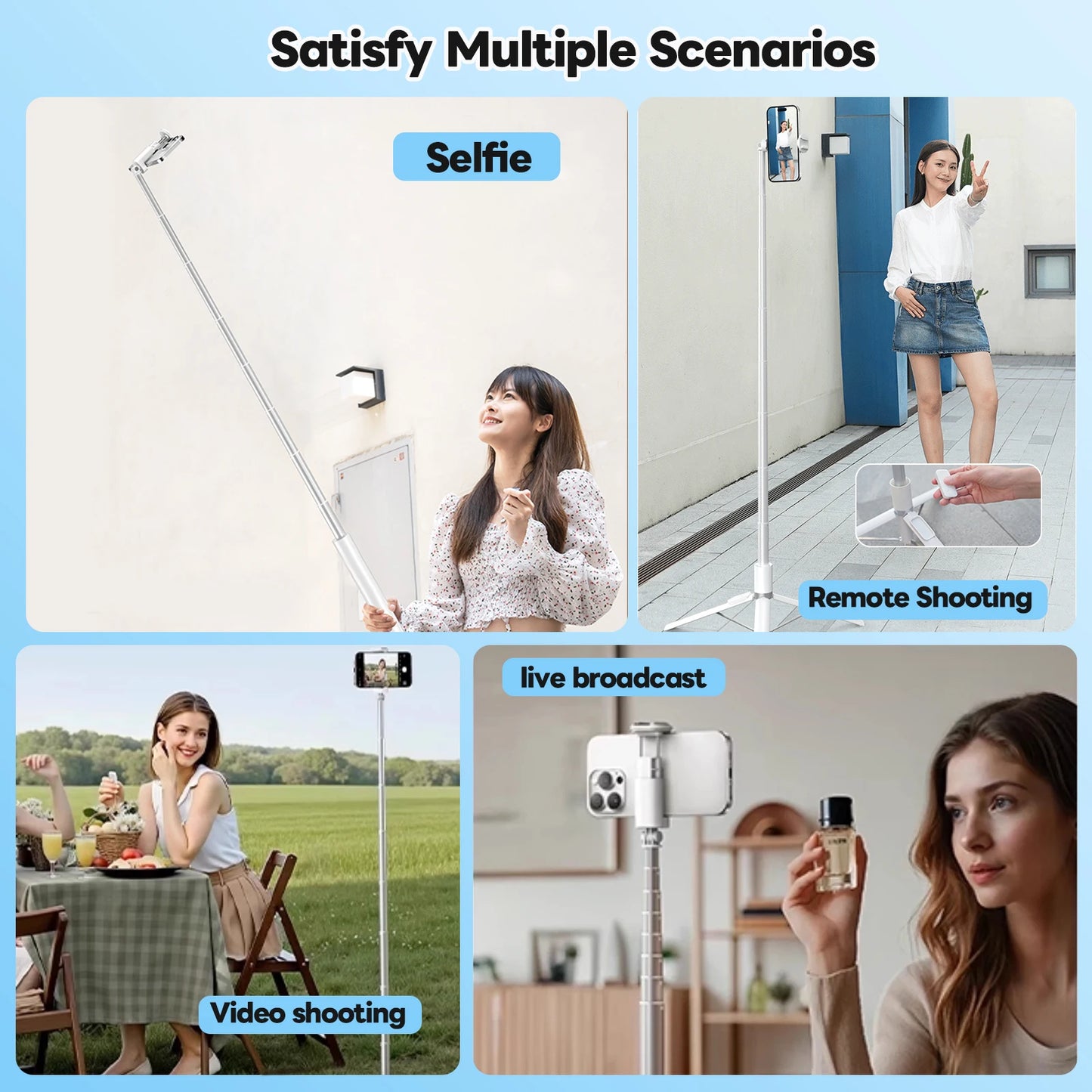 Mini Bluetooth Selfie Stick with Quad-Leg Tripod & 360° Rotation