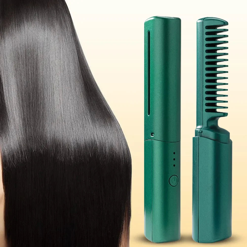 2-in-1 Mini Cordless Hair Straightener Comb – USB Rechargeable Portable Styling Tool
