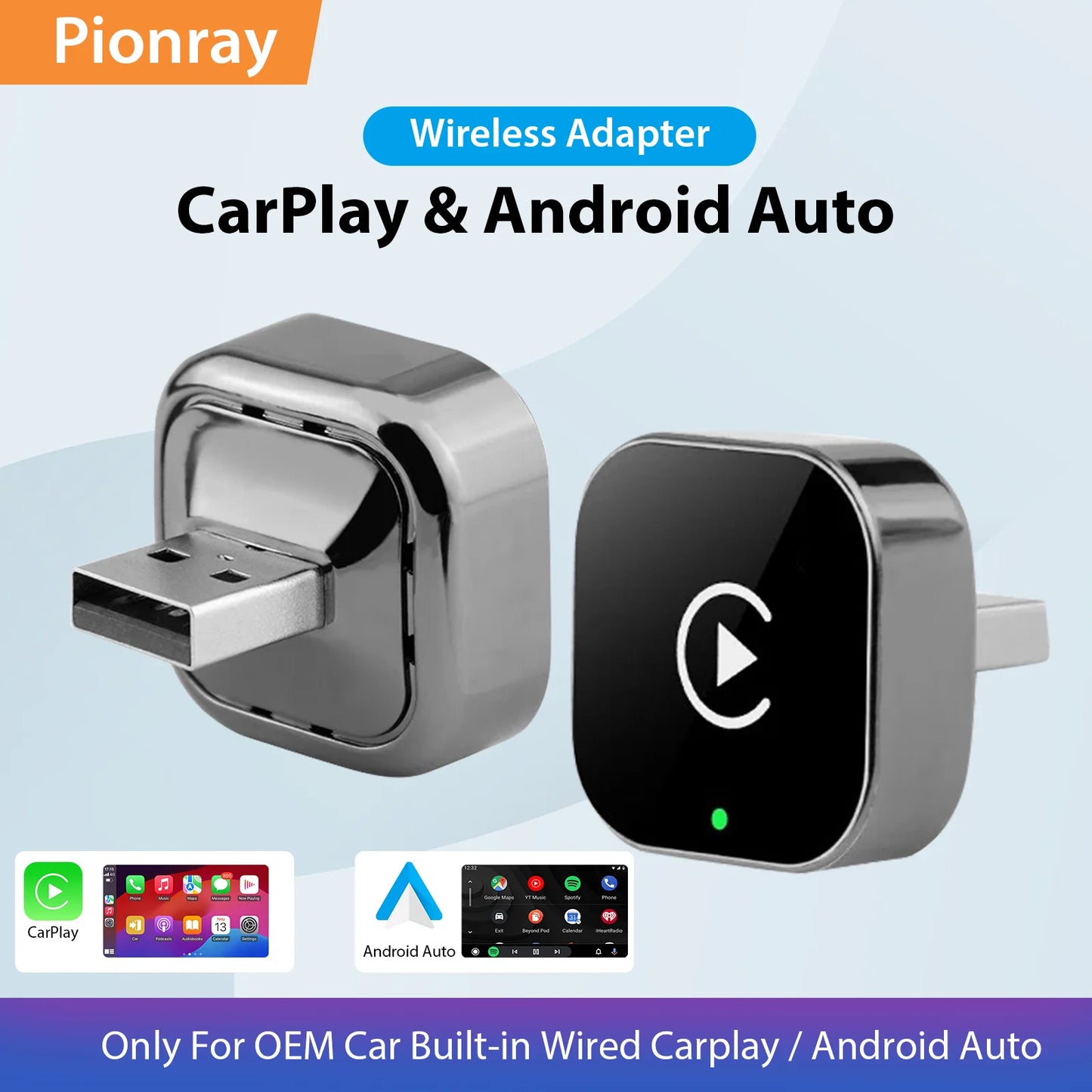 PIONRAY 2-in-1 Wireless CarPlay & Android Auto Adapter – Plug & Play 5.8GHz WiFi