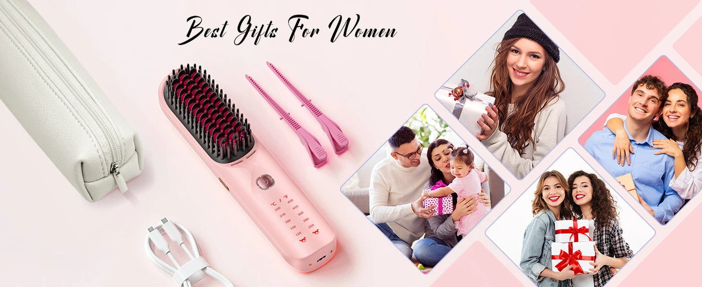 Cordless Hair Straightener Brush – Wireless, Adjustable Heat, Travel-Ready