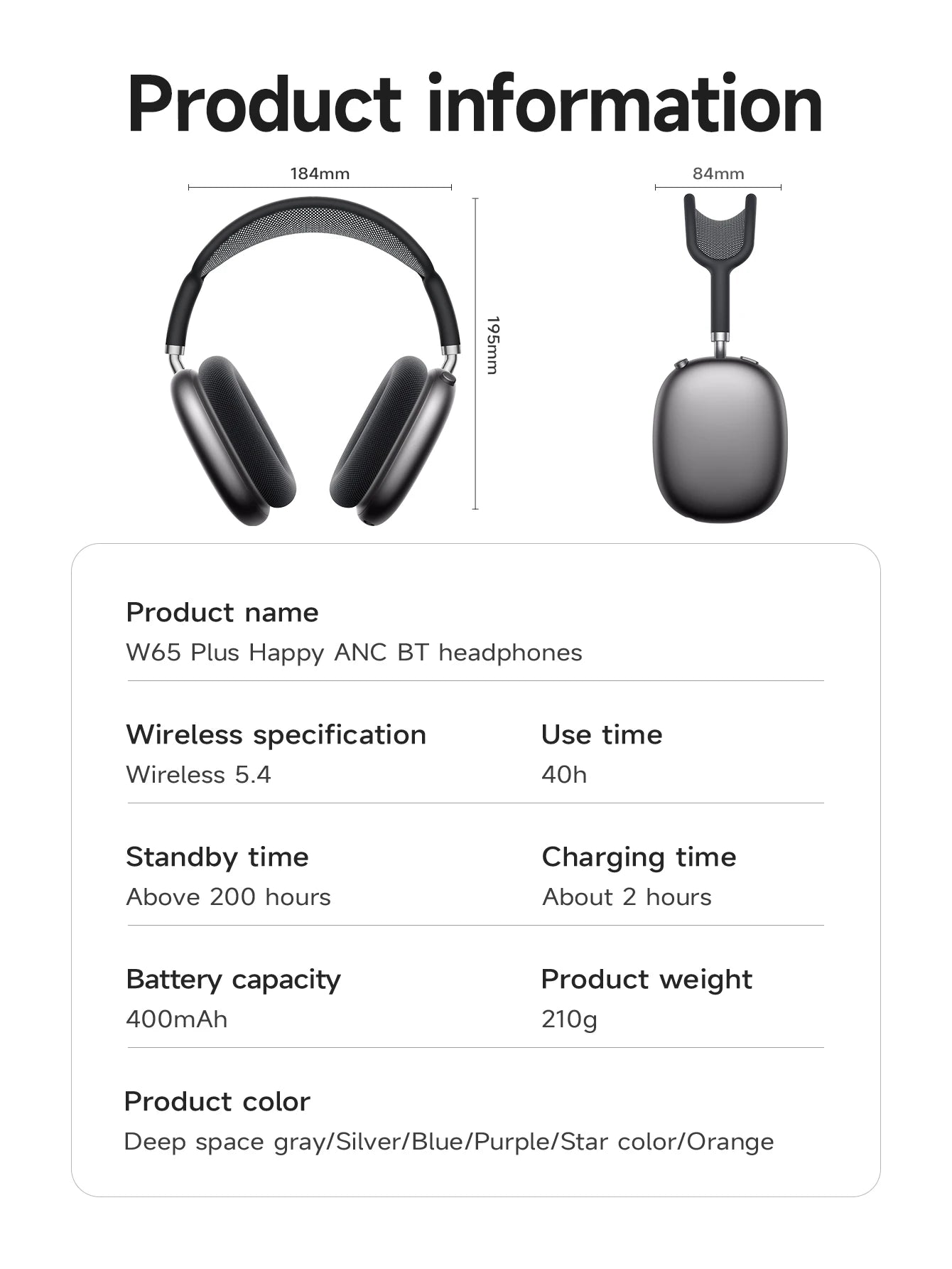 W65 Plus ANC Wireless Headphones – Bluetooth 5.4, 45H Playtime, Mic