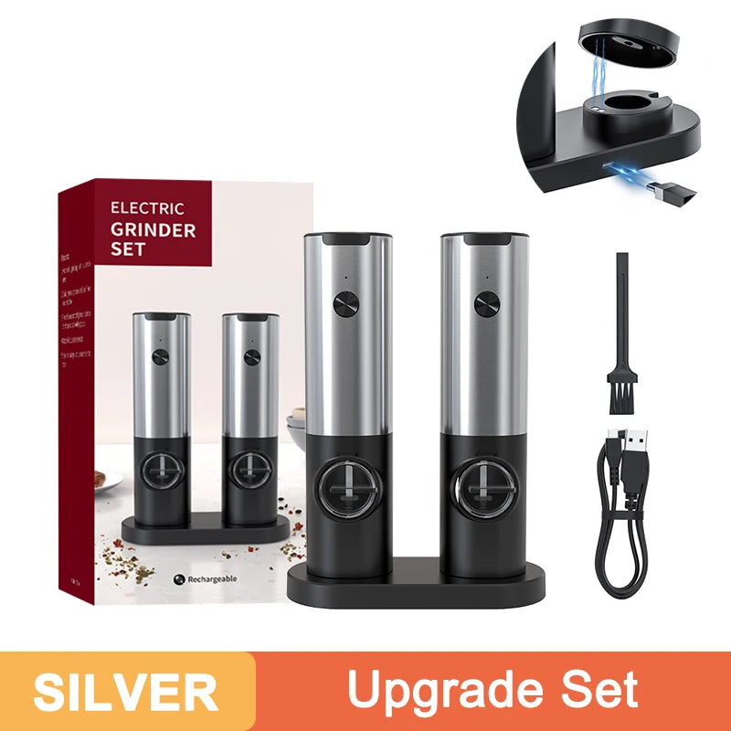 Electric Salt & Pepper Grinder Set – USB Rechargeable Automatic Pepper Mill with LED Light & Charging Base