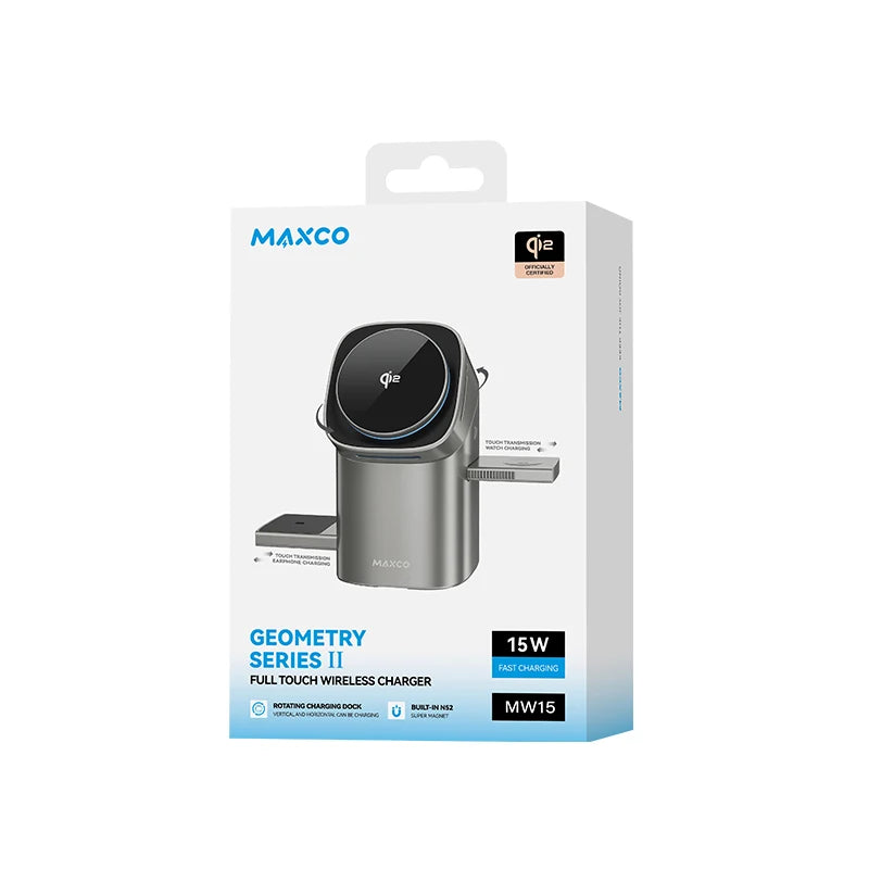 Maxco MW15 Qi2 Auto Rotate Magnetic Wireless Charging Stand – 3-in-1 Fast Charge