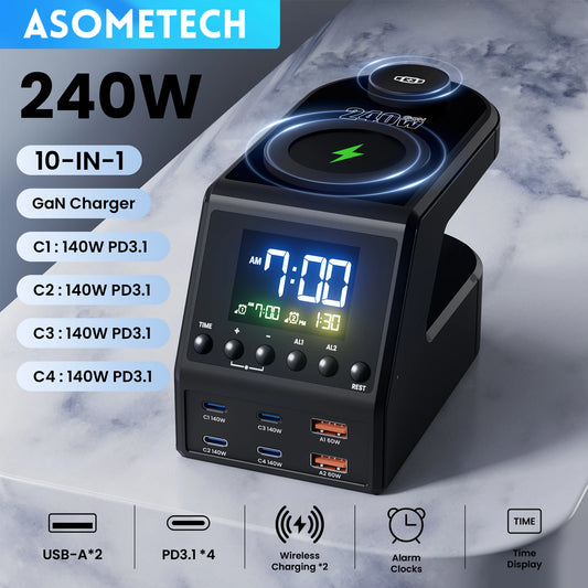 240W Smart GaN Charger Station – 6 USB Ports + Wireless & Alarm Clock