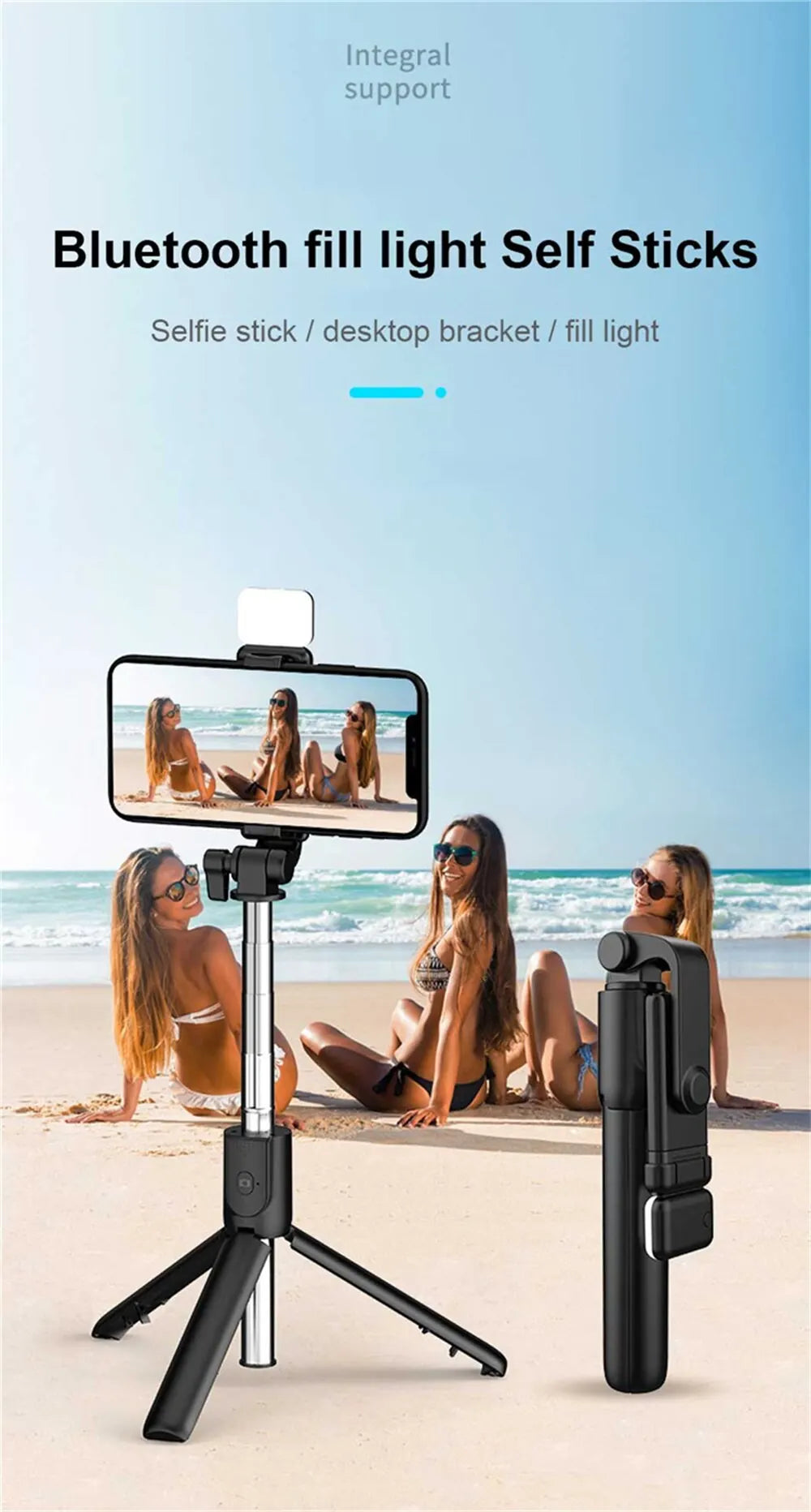 Compact Selfie Stick Tripod – Stainless Steel, Fill Light & Bluetooth Control
