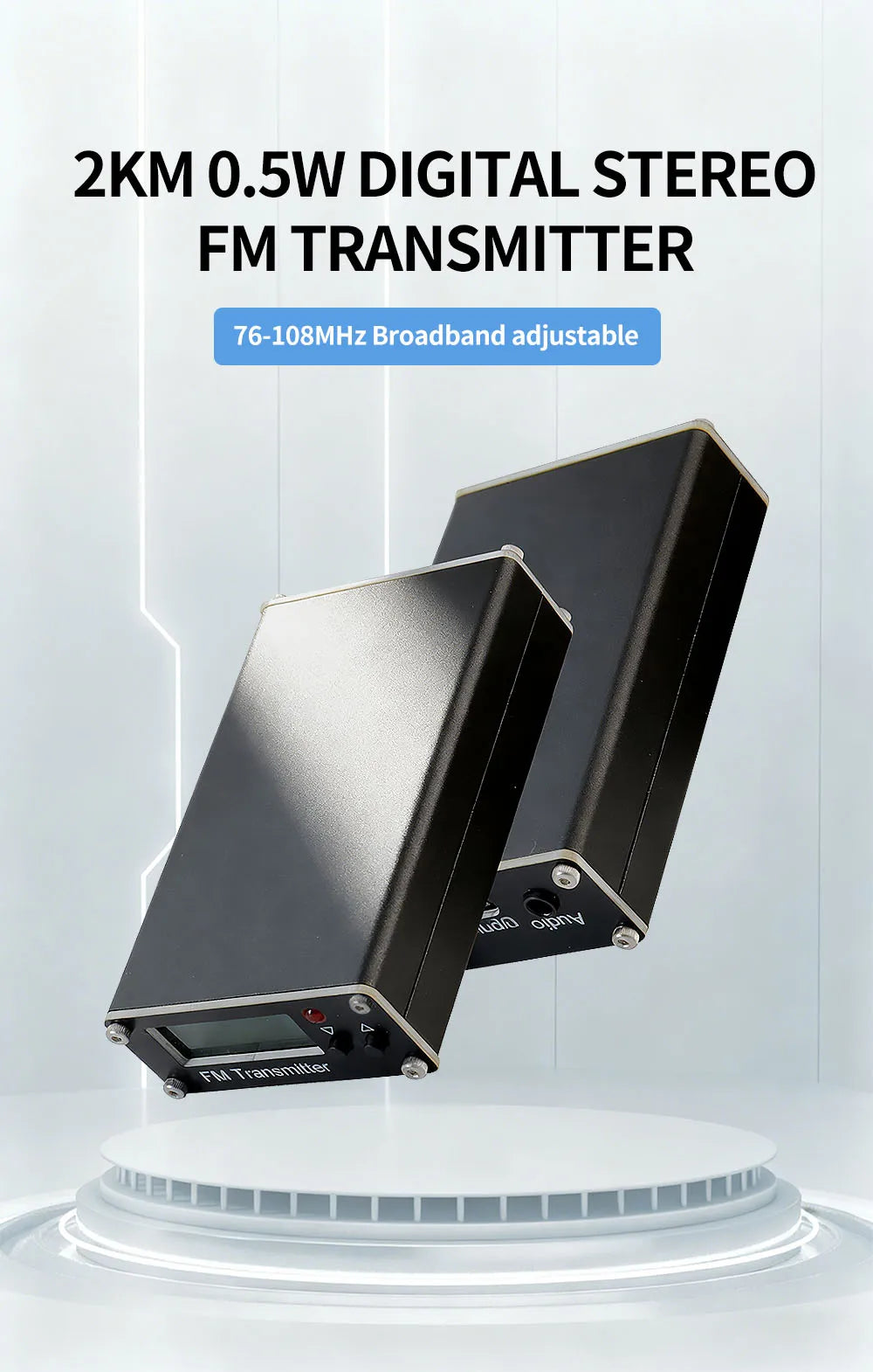 Portable 0.5W Long-Range FM Transmitter – USB-C Powered Mini Broadcast Radio (Up to 2 km, 76–108 MHz)